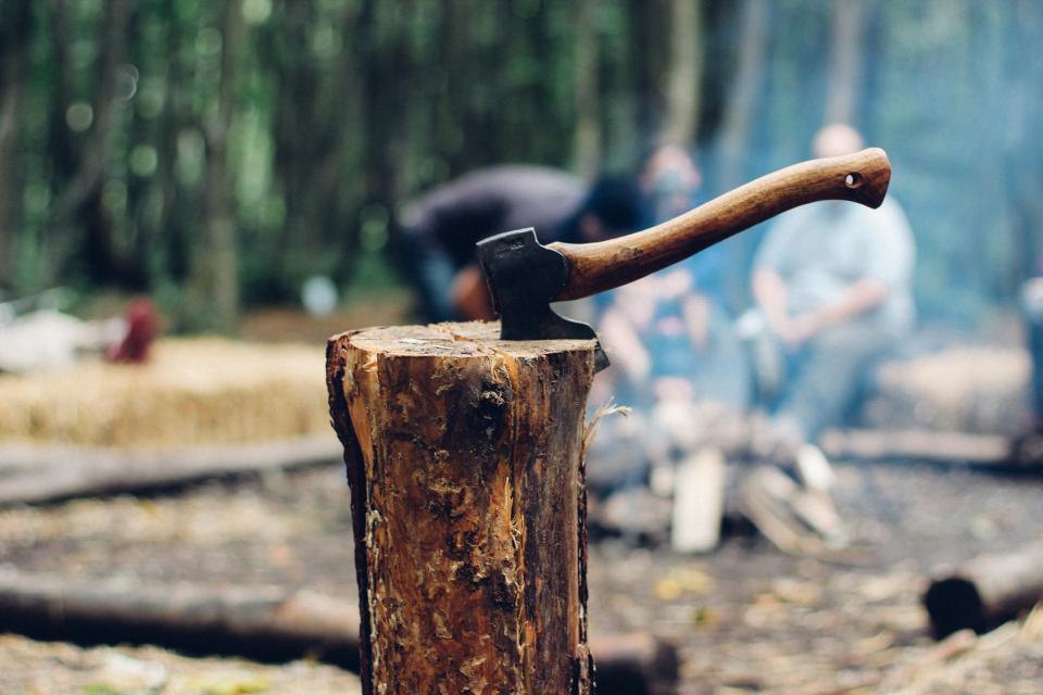 A wood-handled axe buried in a log round at a woodland camp, with woodsmoke drifting behind